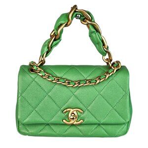CHANEL Small Quilted Lambskin Chain Is More Flap Green Gold 2 Way Shoulder Bag